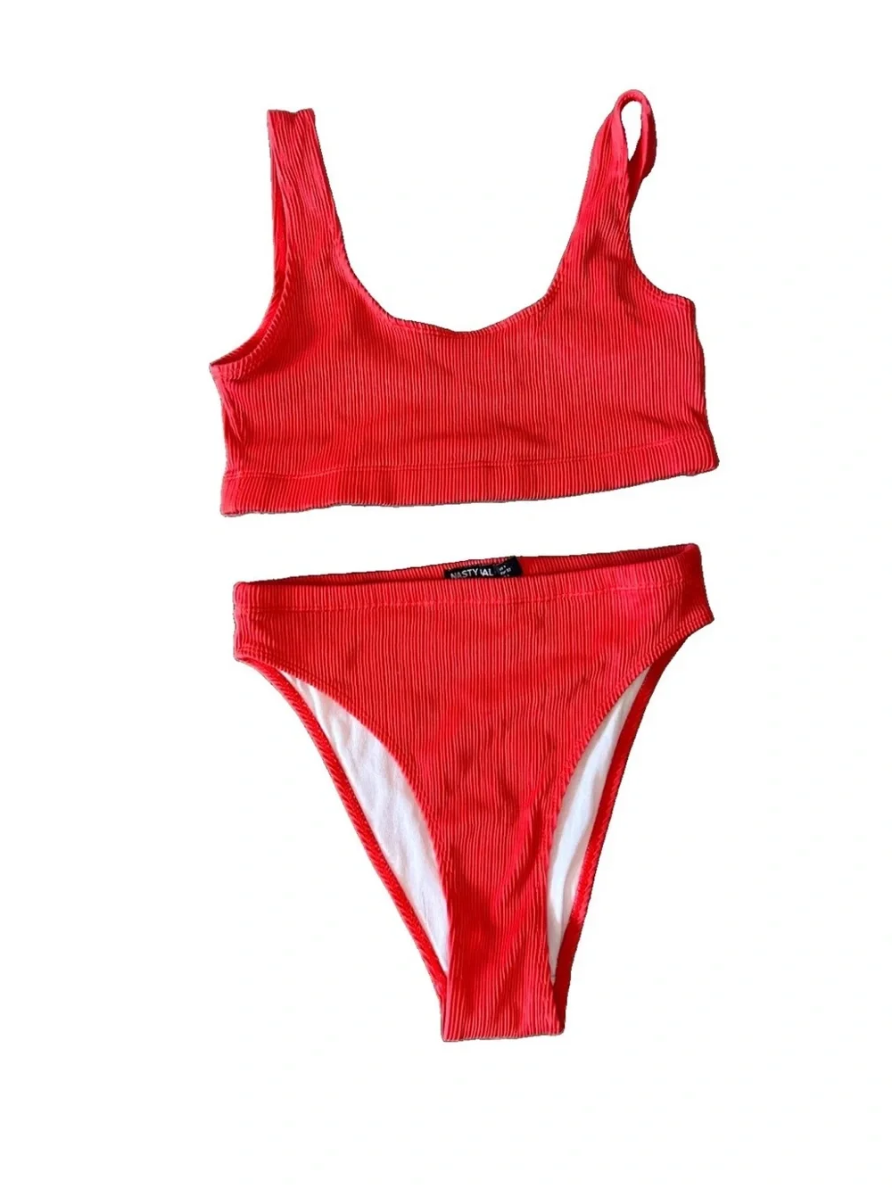 Nasty Gal Ribbed Red High Waist Bikini Set XS High Cut Scoop Neck